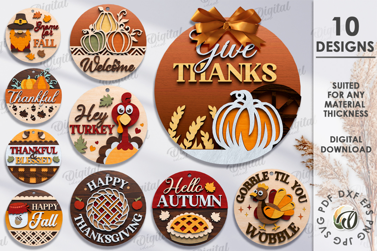 Thanksgiving round signs Bundle Laser Cut. Wall decor SVG
