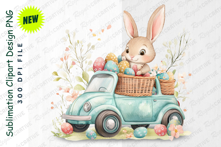 Adorable Watercolor Easter Bunny Driving A Car Full Clipart