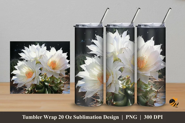 White Flowers Tumbler Wrap Sublimation Design 5