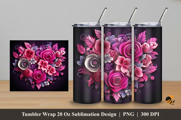Pink Love Flower Tumbler Wrap Sublimation Design 5