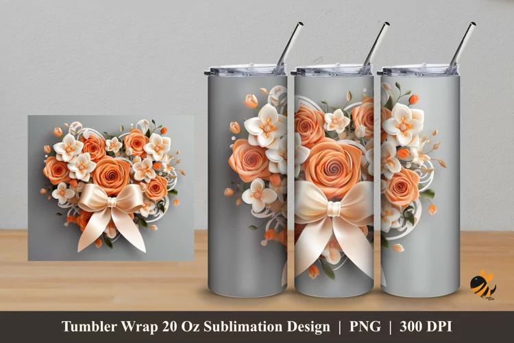 Ribbon Peach Rose Tumbler Wrap Sublimation Design 5