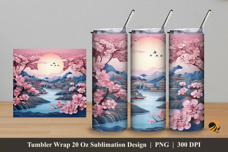 3D Cherry Blossom Tumbler Wrap Sublimation Design 5