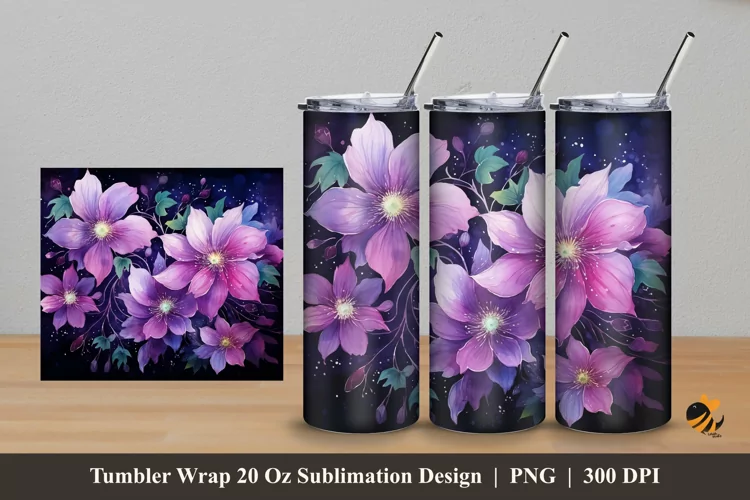 Clematis Flower Tumbler Wrap Sublimation Design 5