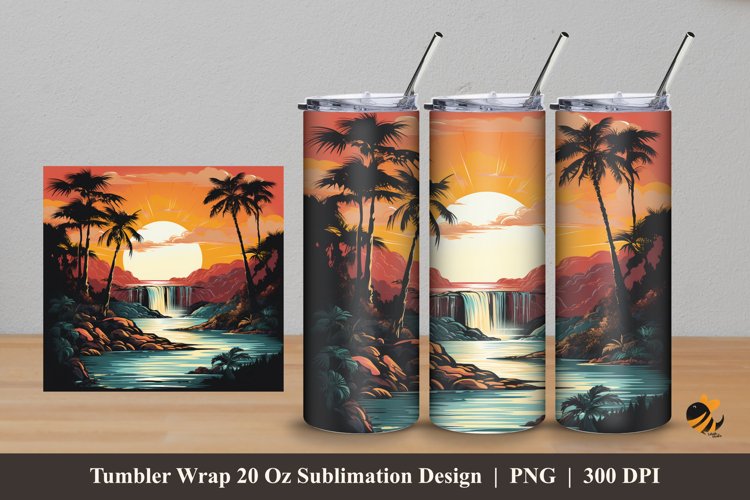 Vintage Waterfall Sunset Tumbler Wrap Sublimation Design 5 example image 1