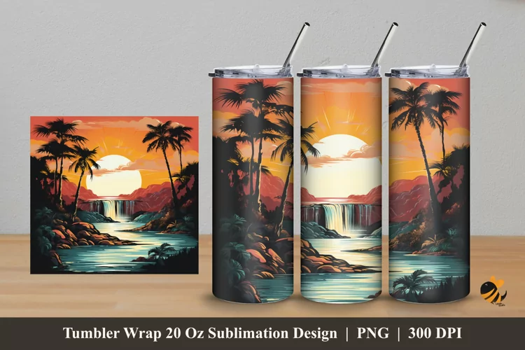 Vintage Waterfall Sunset Tumbler Wrap Sublimation Design 5