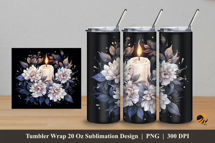 White Flower And Candle Tumbler Wrap Sublimation Design 5