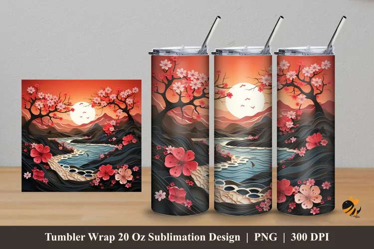 3d Sunset River Tumbler Wrap Sublimation Design 5