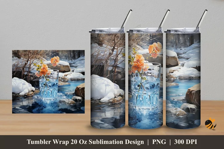Winter Glass Flower Tumbler Wrap Sublimation Design 5
