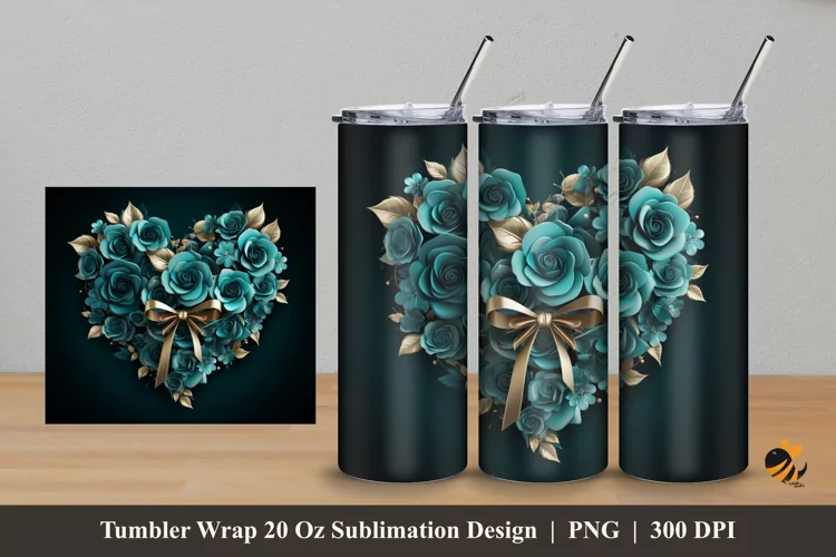 Teal Rose Tumbler Wrap Sublimation Design 5