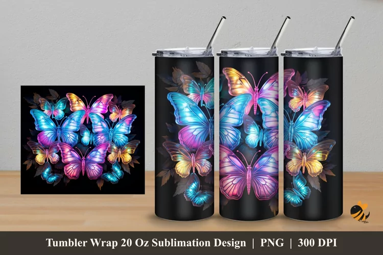Neon Butterflies Tumbler Wrap Sublimation Design 5