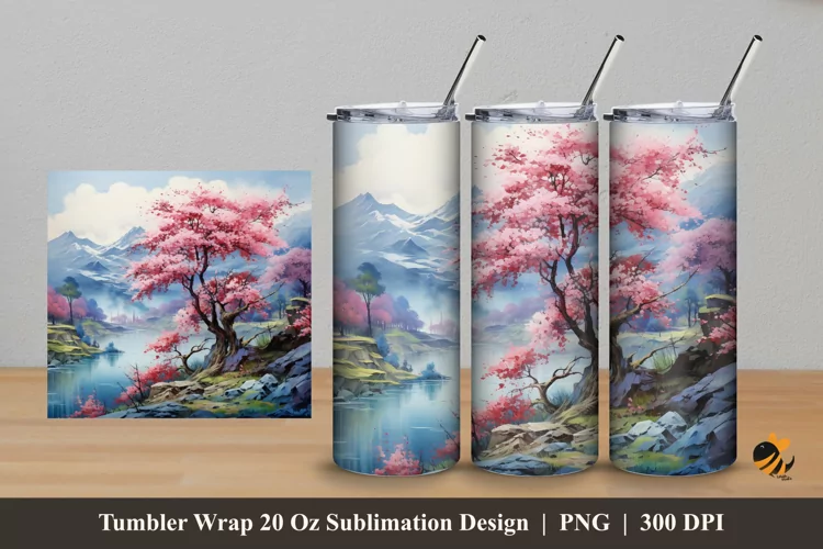 Sakura And Panoramic Tumbler Wrap Sublimation Design 5