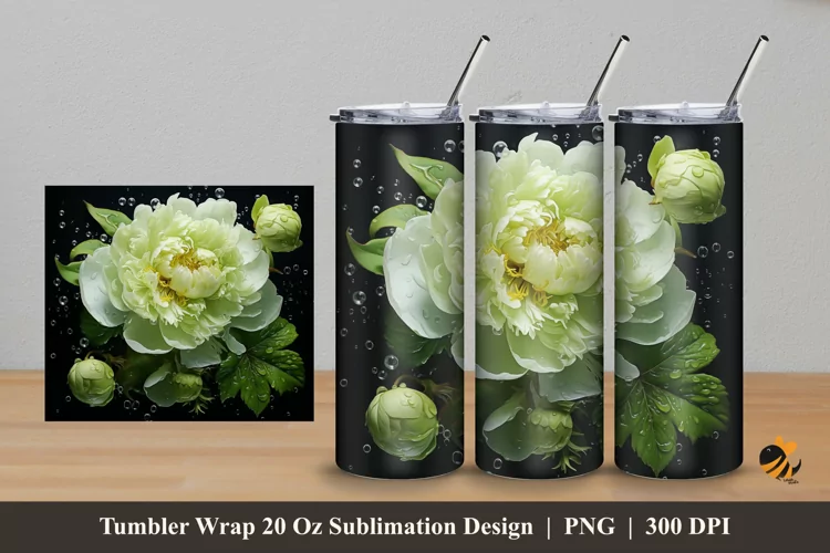 Green Peony Tumbler Wrap Sublimation Design 5
