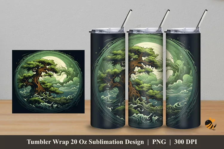 Tree And Wave Tumbler Wrap Sublimation Design 5