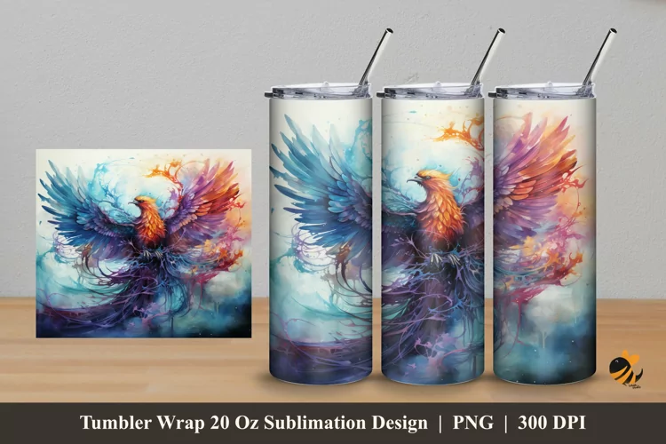 Watercolor Phoenix Tumbler Wrap Sublimation Design 5