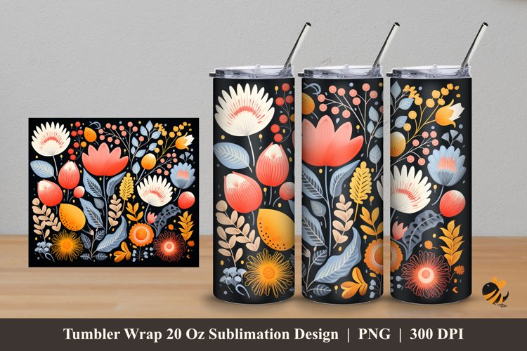Scandinavian Floral Tumbler Wrap Sublimation Design 5 example image 1