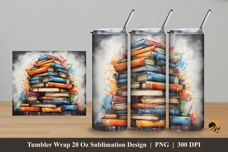 Stack Of Books Tumbler Wrap Sublimation Design 5