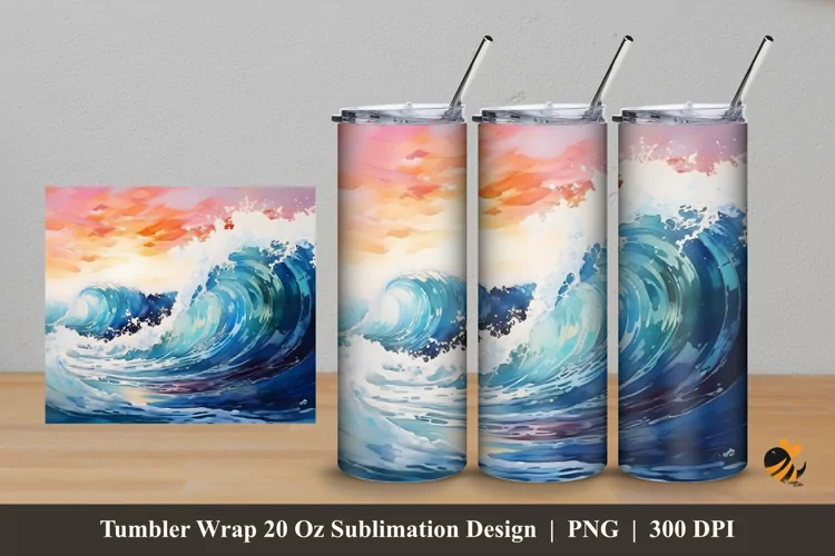 Watercolor Waves Tumbler Wrap Sublimation Design 5