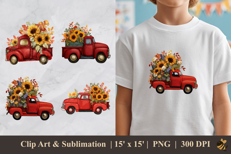 Truck Fall Flowers DTF Sublimation Clipart Design