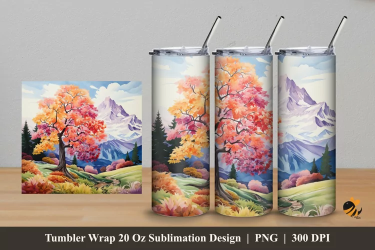Mountain And Tree Tumbler Wrap Sublimation Design 5