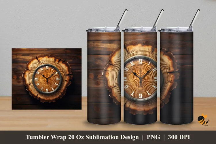 Wooden Clock Tumbler Wrap Sublimation Design 5