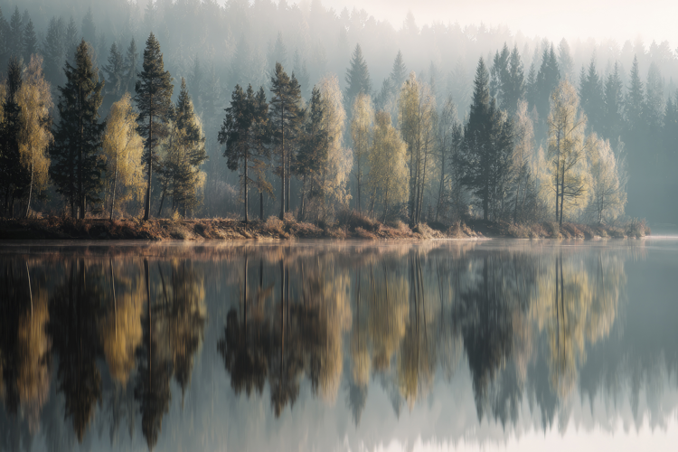 Misty Morning Lake in a Forest Background