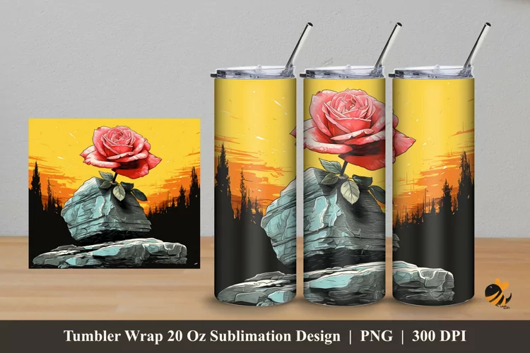 Sketch Rock And Rose Tumbler Wrap Sublimation Design 5