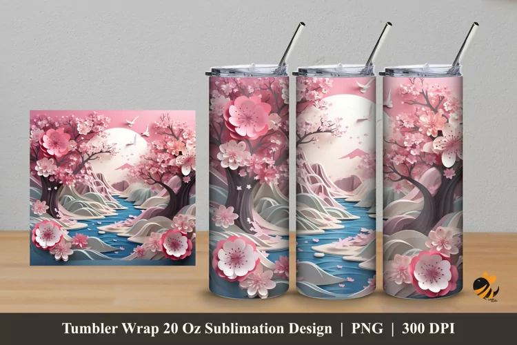 Nature River With Sakura Tumbler Wrap Sublimation Design 5