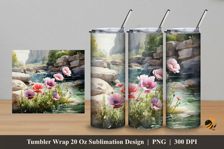 Floral And River Tumbler Wrap Sublimation Design 5