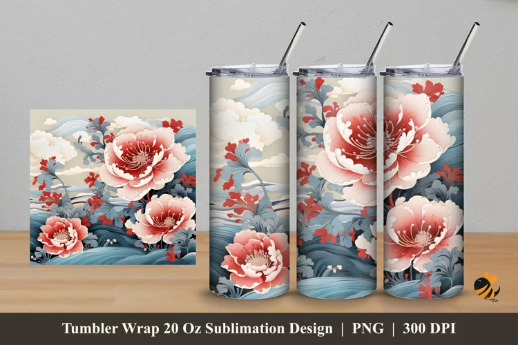 Flower And Wave Tumbler Wrap Sublimation Design 5