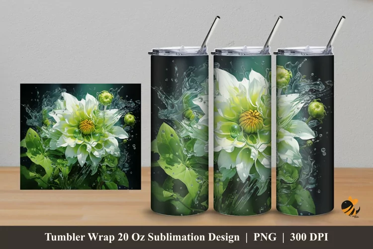 Green Flowers Tumbler Wrap Sublimation Design 5
