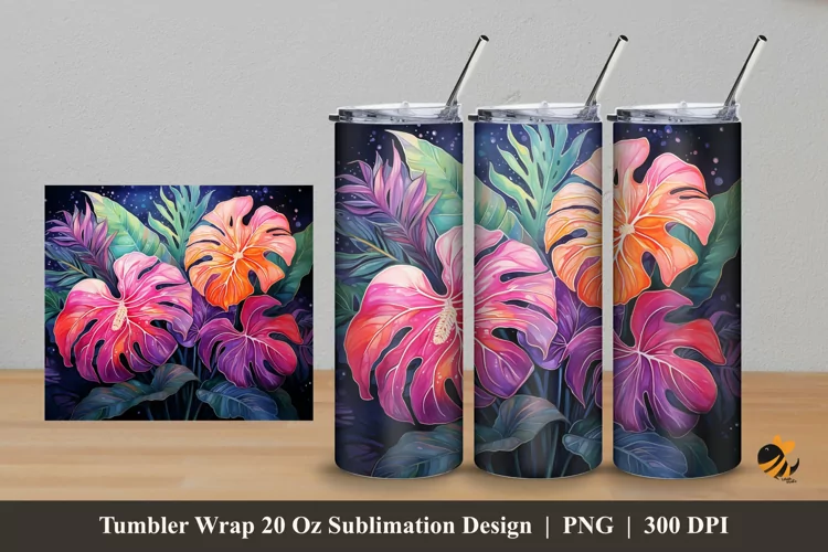 Monstera Colorful Tumbler Wrap Sublimation Design 5