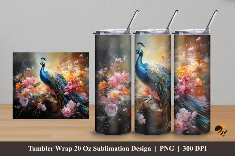 Flowering Peacock Tumbler Wrap Sublimation Design 5