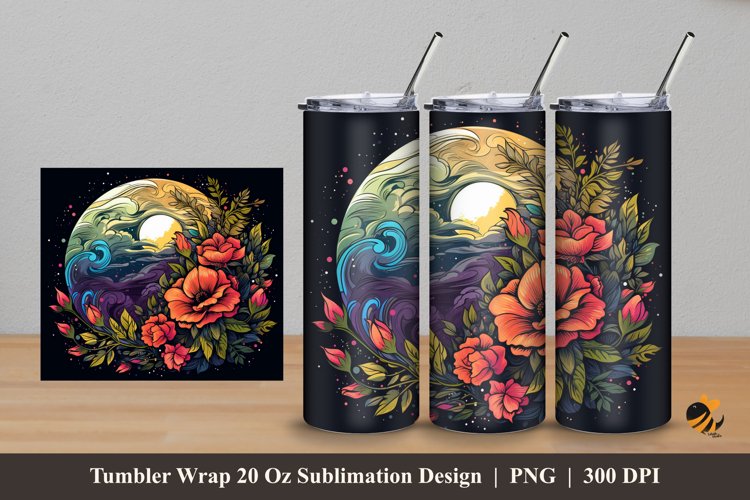 Handdrawn Moon Flower Tumbler Wrap Sublimation Design 5