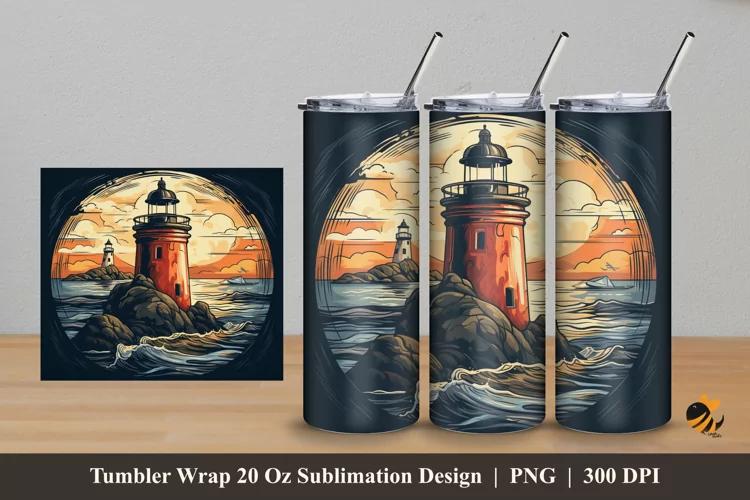 Handdrawn Sea Tower Tumbler Wrap Sublimation Design 5
