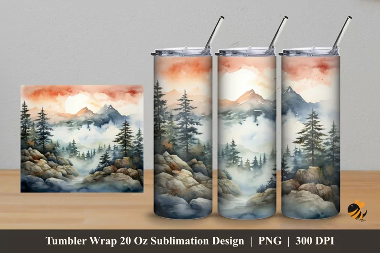 Watercolor Mountain Forest Tumbler Wrap Sublimation Design 5