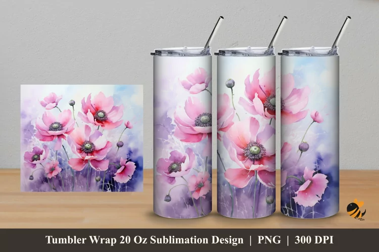 Watercolor Anemone Tumbler Wrap Sublimation Design 5