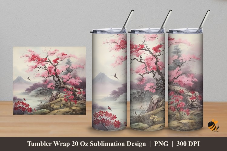 Nature And Cherry Tree Tumbler Wrap Sublimation Design 5 example image 1