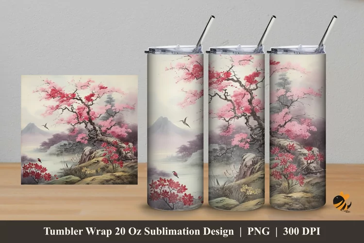 Nature And Cherry Tree Tumbler Wrap Sublimation Design 5