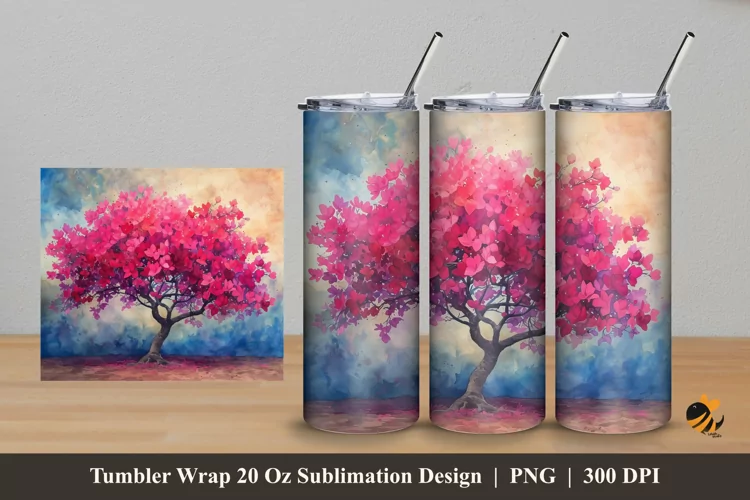 Tree Watercolor Tumbler Wrap Sublimation Design 5