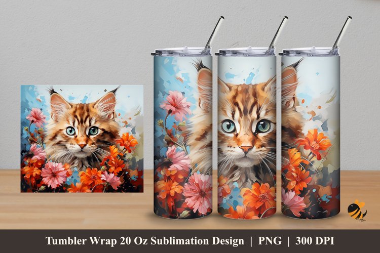 Cat Flower Tumbler Wrap Sublimation Design 5