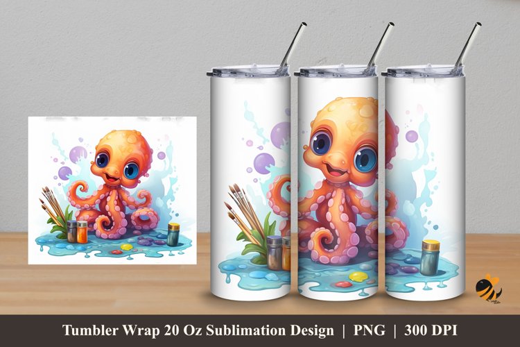 Octopus Watercolor Tumbler Wrap Sublimation Design 5 example image 1