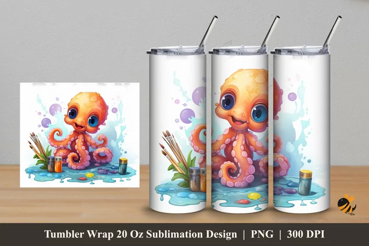 Octopus Watercolor Tumbler Wrap Sublimation Design 5