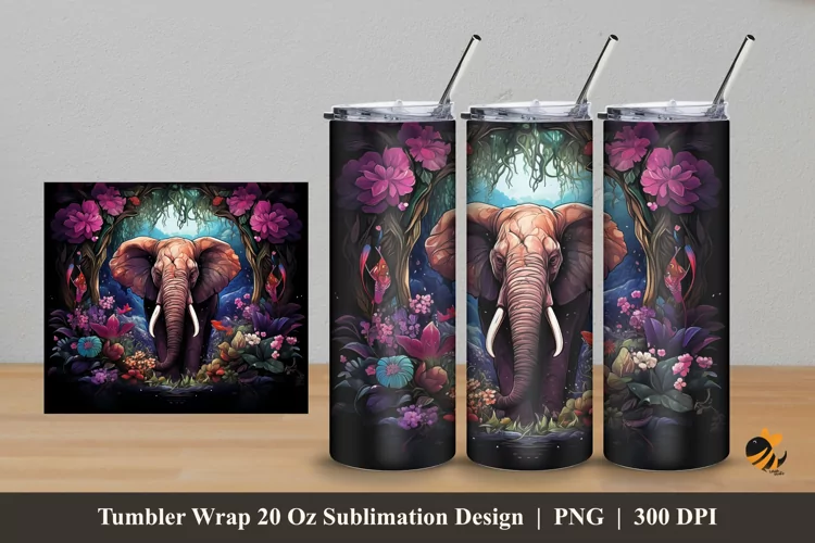 Flowering Elephant Tumbler Wrap Sublimation Design 5