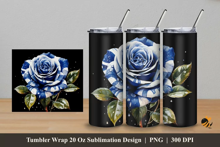 Blue Striped Rose Tumbler Wrap Sublimation Design 5