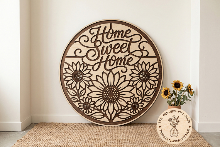 Home Sweet Home Sunflower SVG, Laser Cut Floral Door Hanger example image 1