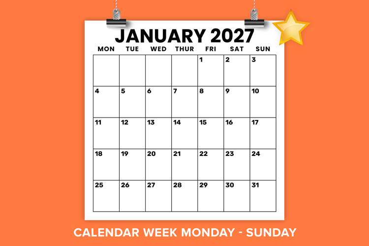 2027 Square 12x12 In Large Number Monday to Sunday Calendar