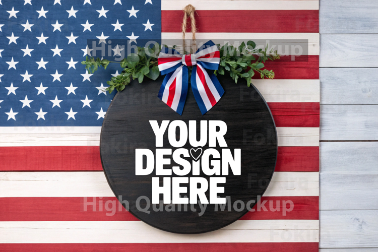 4th of July Round Wood Sign Mockup - Door Wood Sign