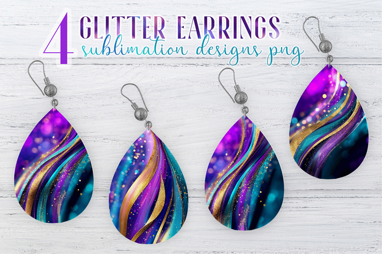 Glitter Earrings Sublimation. Teal Golden Stripes Teardrop