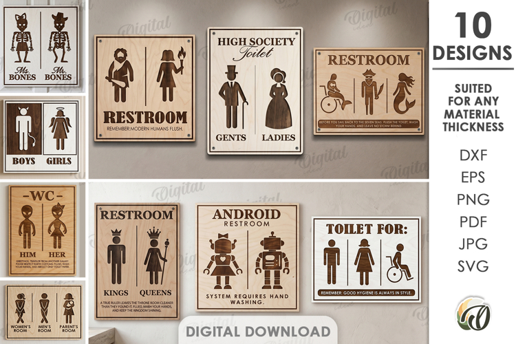 Restroom Signs Bundle Laser Cut. Wall Decor. Toilet Sign SVG