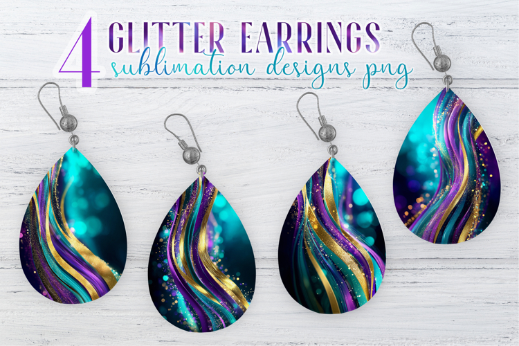 Glitter Earrings Sublimation | Teal Golden Stripes Teardrop
